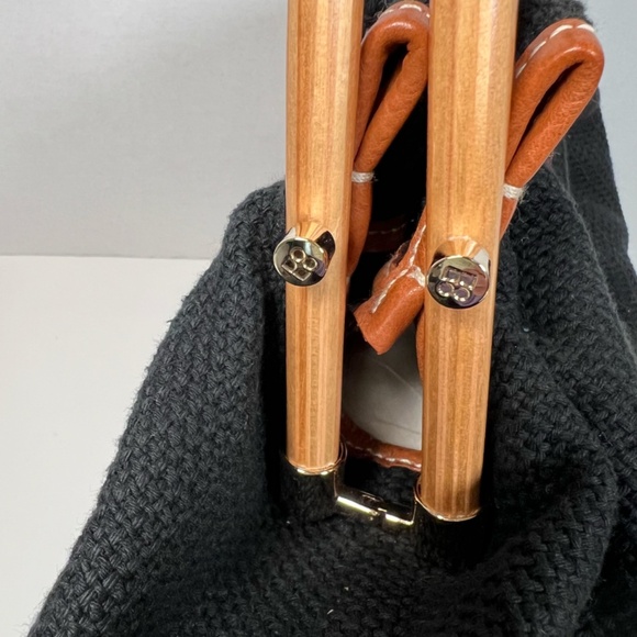 Kate Spade | Black Cotton Bag with Leather Trim and Wood Handles - Picture 4 of 12